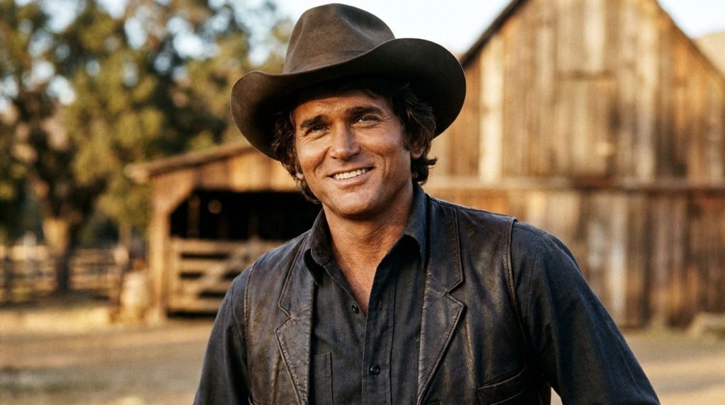 A portrait of Michael Landon smiling and looking directly at the camera in his younger years as Little Joe Cartwright