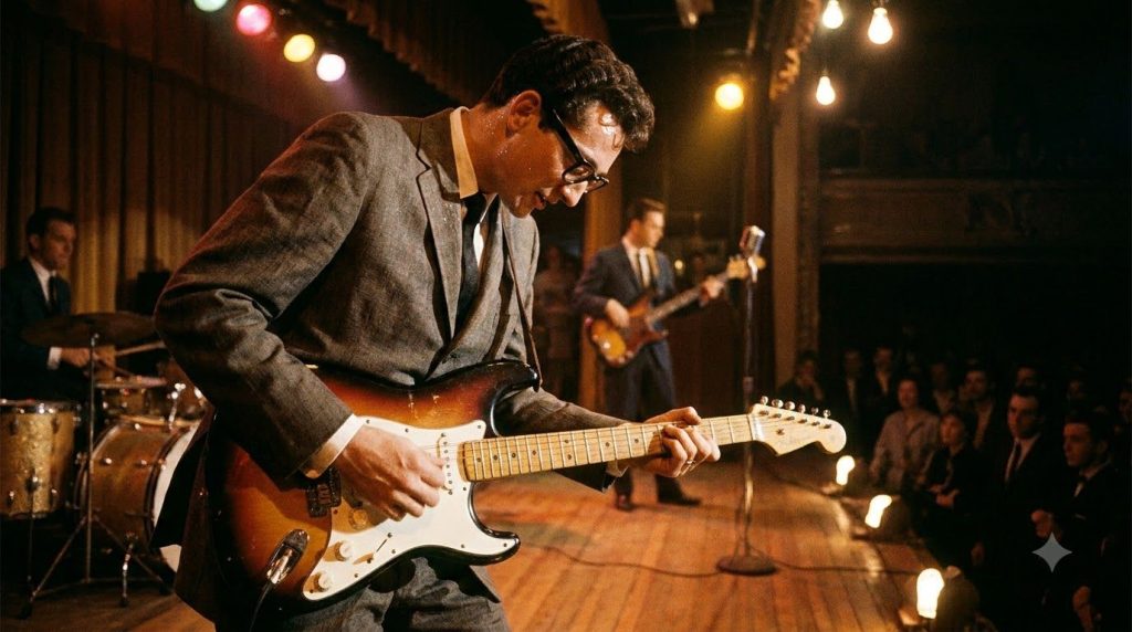 Buddy Holly playing his iconic Fender Stratocaster guitar wearing his signature glasses on stage
