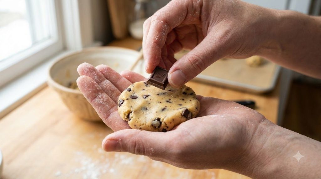 A baker flattening a portion of cookie dough in their palm preparing to add a chocolate square as a filling