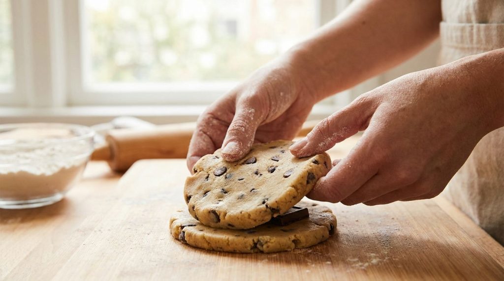 A baker placing a second flattened cookie dough portion over a chocolate-filled dough portion preparing to seal the edge