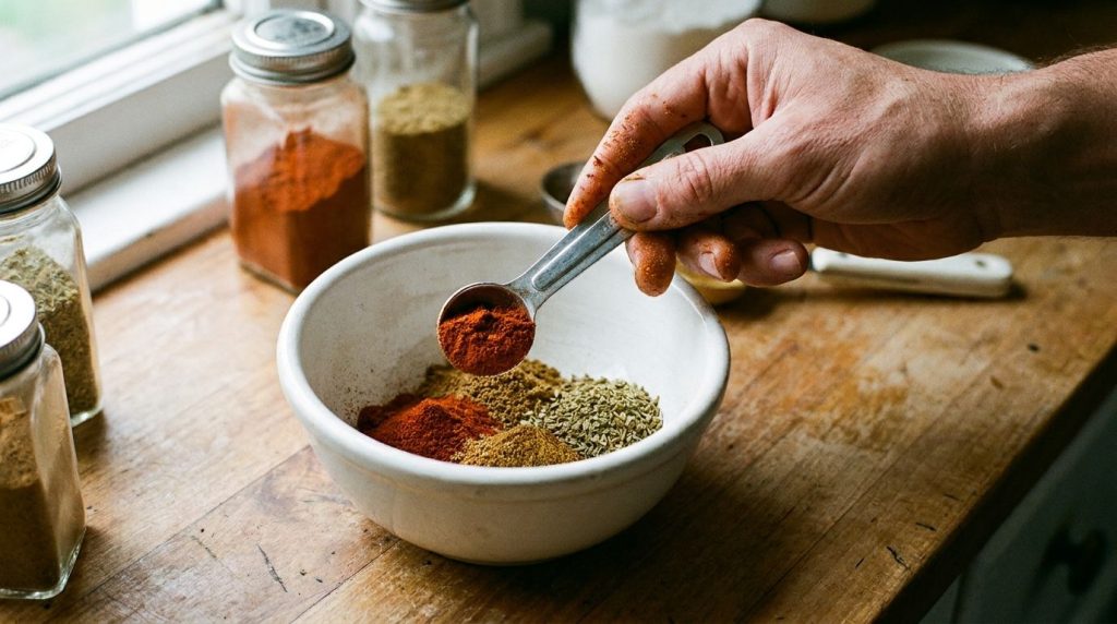 Measuring spoons scooping out individual spices into a small mixing bowl