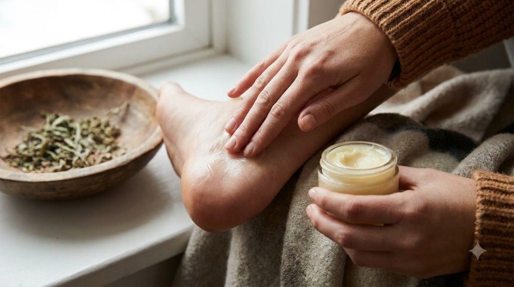A person applying the dry heel rescue balm to their foot focusing on the heel with a gentle massaging motion The foot ap