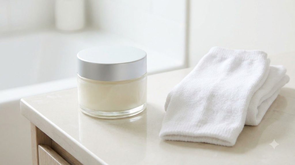 A small clear glass jar filled with the freshly made dry heel rescue balm appearing smooth and creamy placed on a bathro