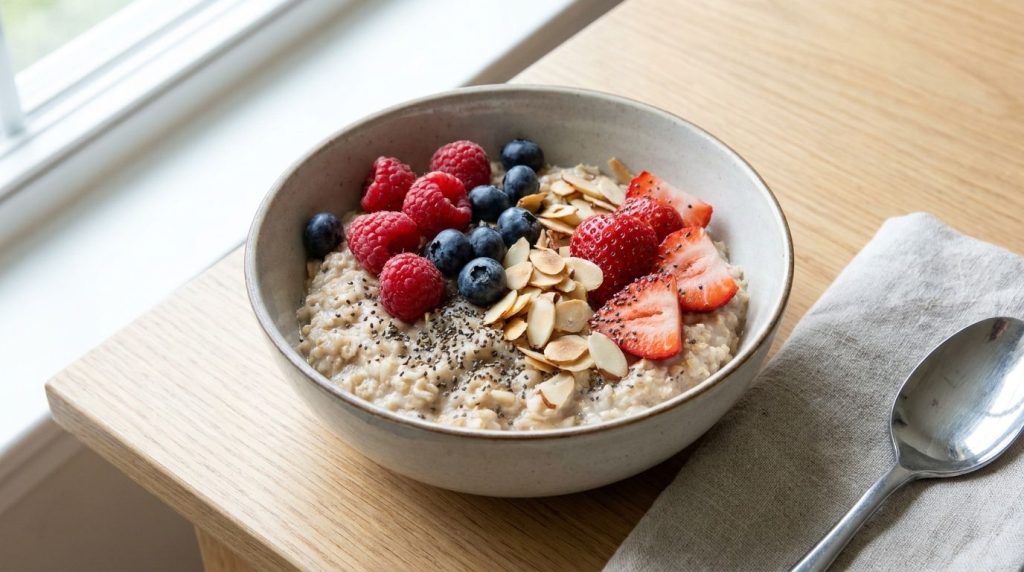 A bowl of oatmeal prepared with water topped with colorful fresh berries sliced almonds and a sprinkle of chia seeds loo