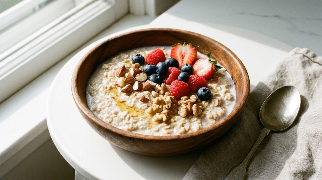 A bowl of creamy oatmeal prepared with milk topped with a few berries and nuts looking rich and satisfying A glass of mi