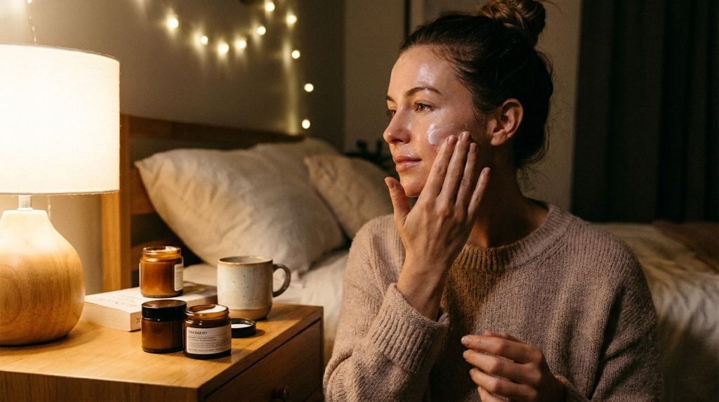 A woman gently applying a facial product to her skin at night in a cozy softly lit bedroom Her skin looks smooth and hyd