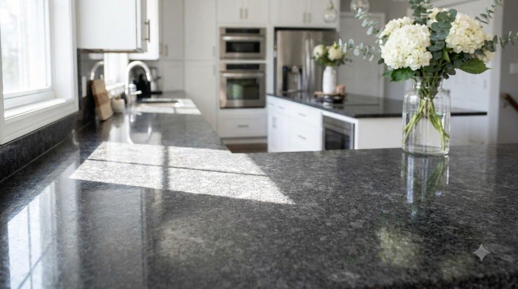 A pristine shiny granite countertop in a modern kitchen reflecting light with a vase of fresh flowers in the background 