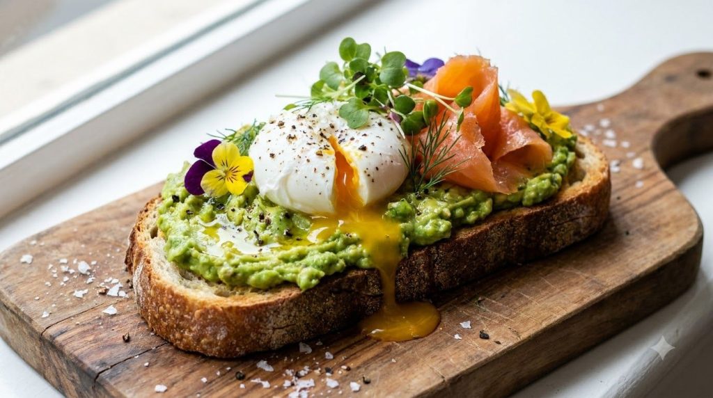A perfectly made slice of avocado toast with various colorful toppings illustrating gourmet quality and freshness