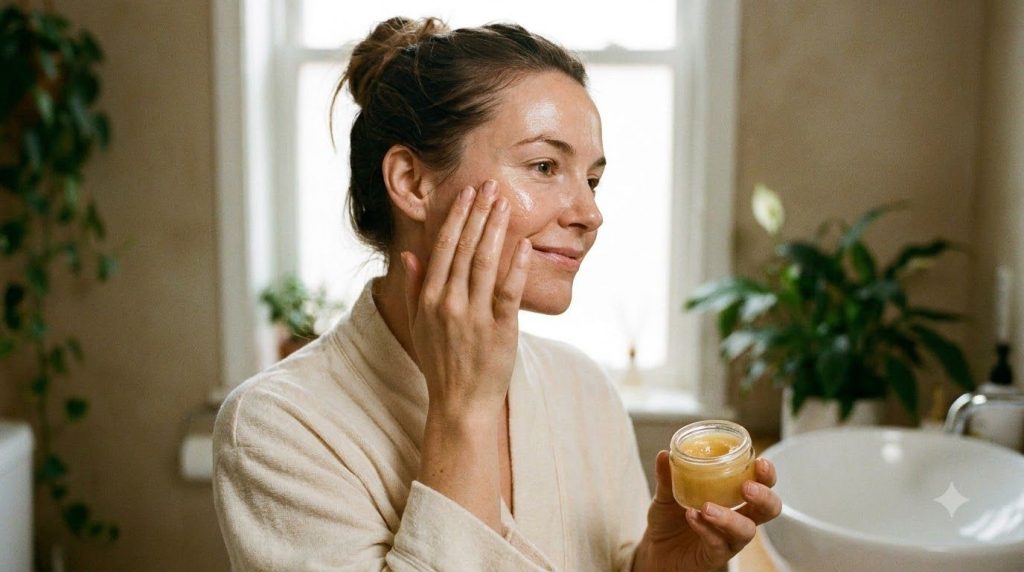 A woman gently massaging the homemade baby oil balm onto her face showing a soft radiant glow on her skin She has a sere