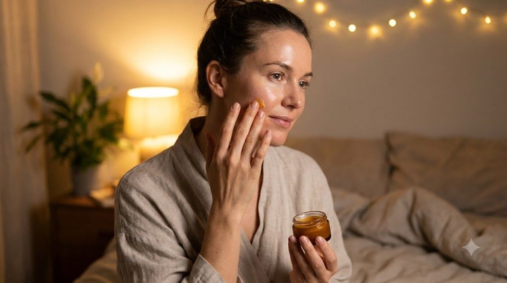 A woman gently applying a small amount of the night balm to her clean face before bed showing a soft focused expression 