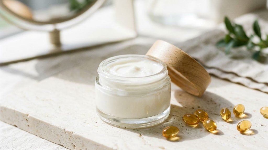 A small clear glass jar filled with the freshly made smooth white night balm The balm has a soft creamy texture and sits