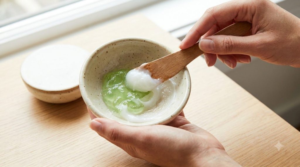 Hands mixing Vaseline and aloe vera gel in a small bowl creating a smooth creamy texture The background is clean and bri