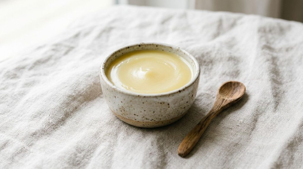 A close-up of a small bowl containing the mixed baby oil Vaseline aloe vera and turmeric balm with a small spoon beside 