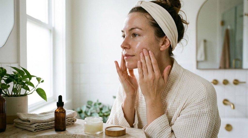 A woman gently applying a homemade Vaseline beauty mix to her face Her skin looks soft and radiant The setting is a brig