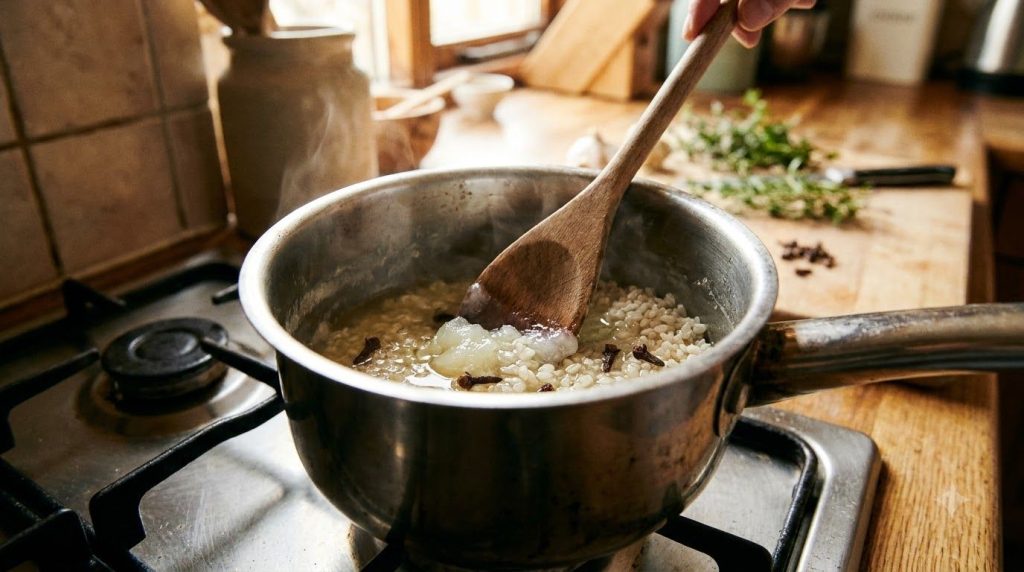 Close-up of a small saucepan on a stovetop gently heating a mixture of Vaseline baby oil rice grains and cloves with a w
