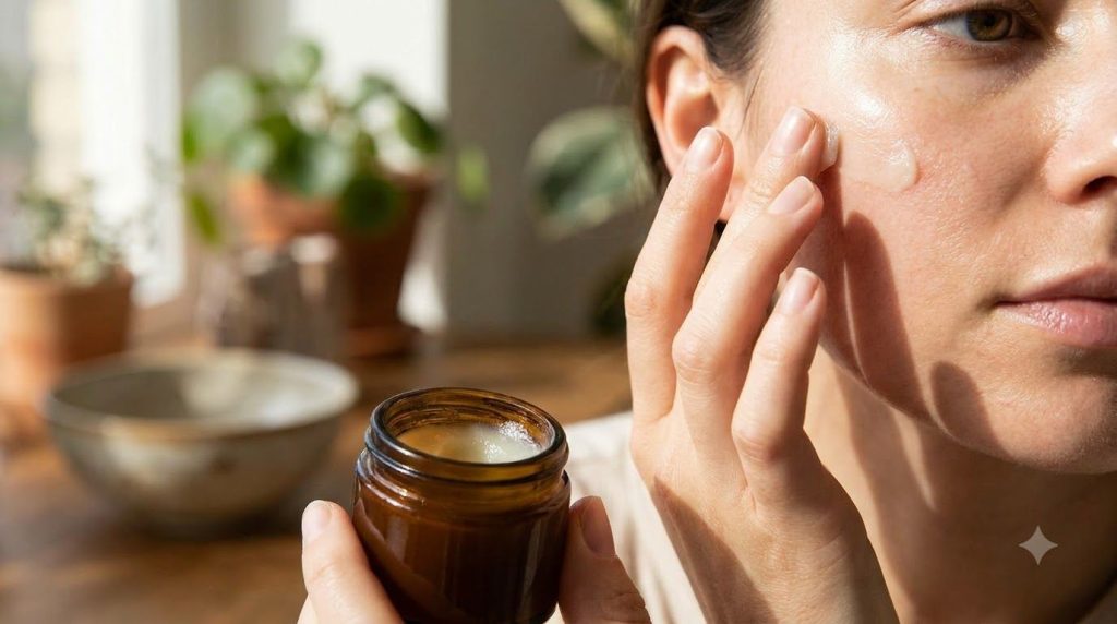 A person gently applying the homemade Vaseline aloe vera balm to their face or hands