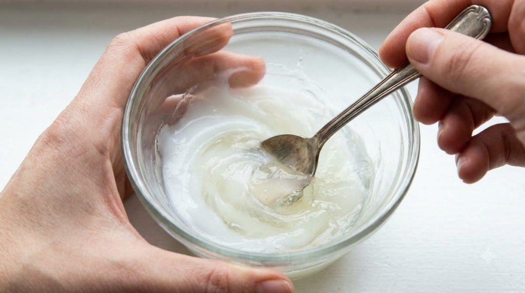 Close-up of a small bowl with Vaseline Aloe Soothe and fresh aloe vera gel being mixed with a spoon to form a smooth bal