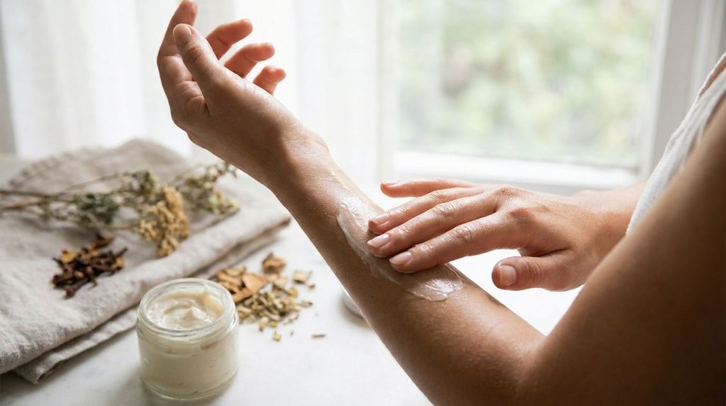 A woman gently massaging the homemade body balm onto her arm showing its creamy texture and how it absorbs into the skin
