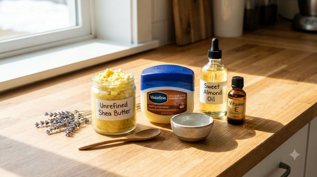 All the ingredients for the body balm laid out on a kitchen counter a jar of unrefined shea butter a jar of Vaseline Coc