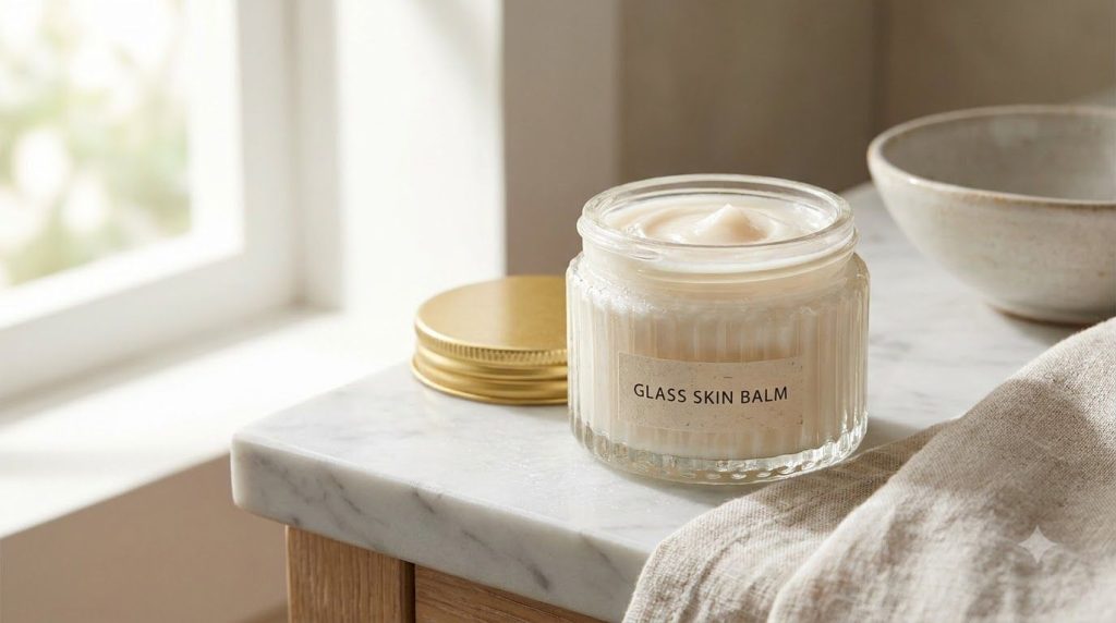A small clear jar filled with the homemade DIY glass skin balm with a smooth semi-solid texture placed on a vanity with 