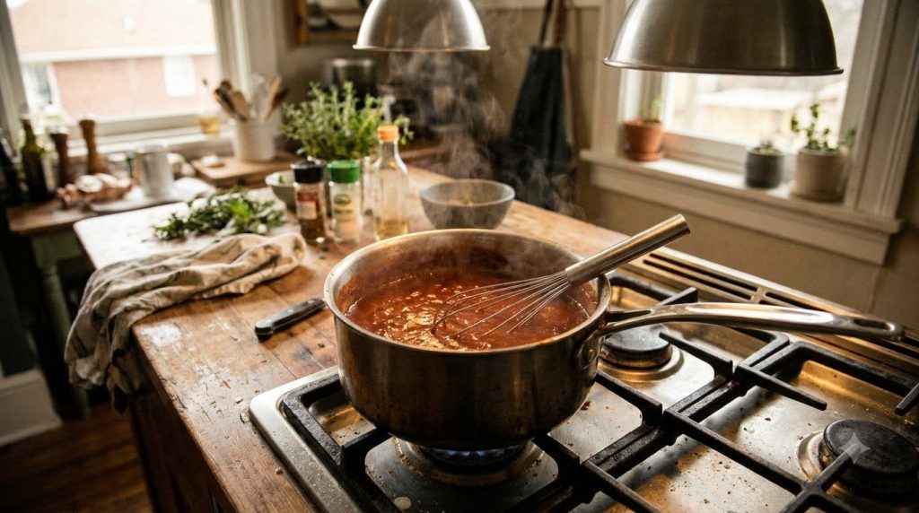 A saucepan filled with simmering homemade BBQ sauce with a whisk resting inside