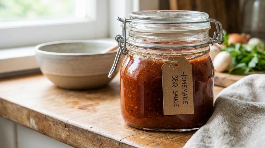 An airtight glass jar filled with homemade BBQ sauce on a kitchen counter