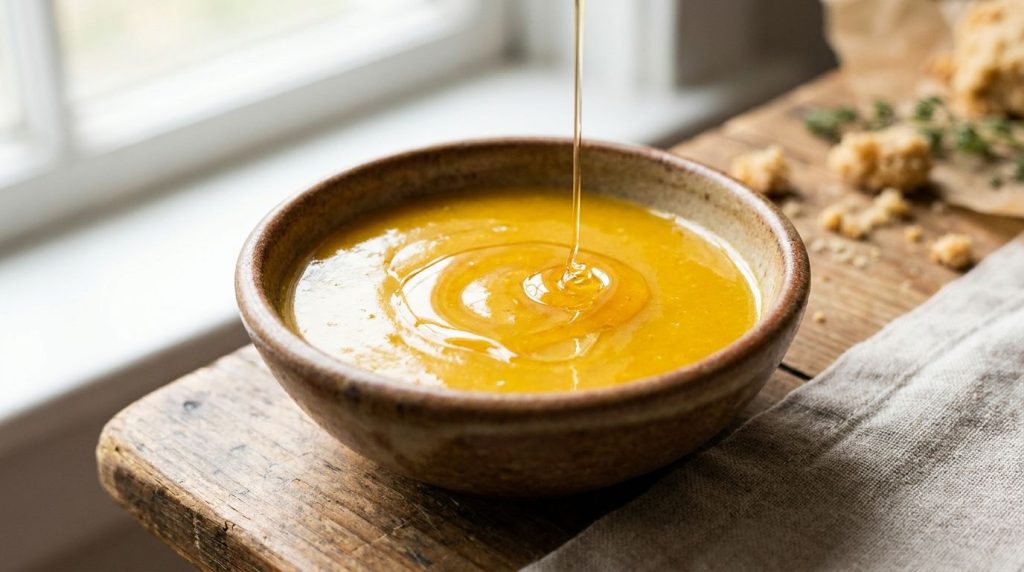 A golden-yellow sweet and tangy sauce in a small ceramic bowl with a drizzle of honey on top