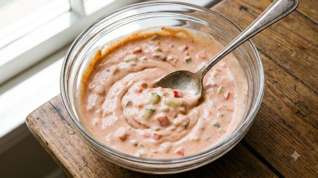 A bowl of creamy pinkish-orange special sauce with small bits of relish visible being stirred with a spoon