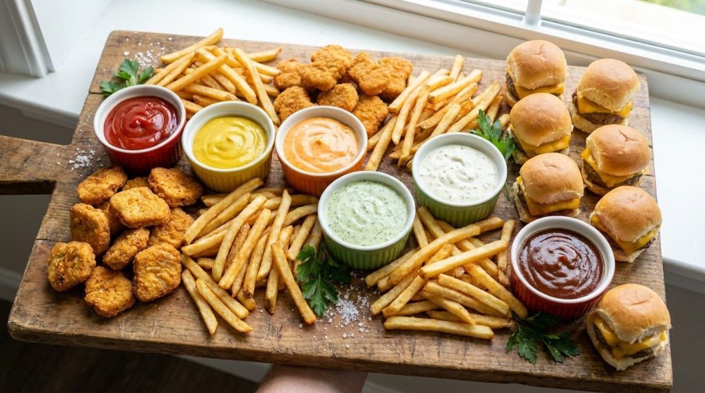 A variety of homemade fast food sauces served in small ramekins alongside a platter of golden french fries crispy chicke
