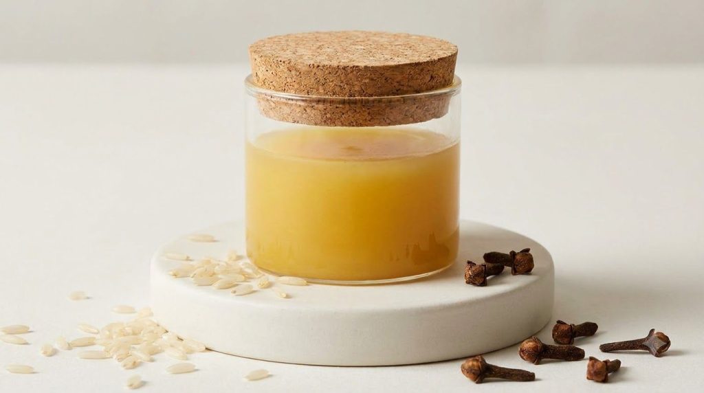 A small clear glass jar filled with the homemade yellow-tinged glass skin balm with a smooth semi-solid texture Next to 