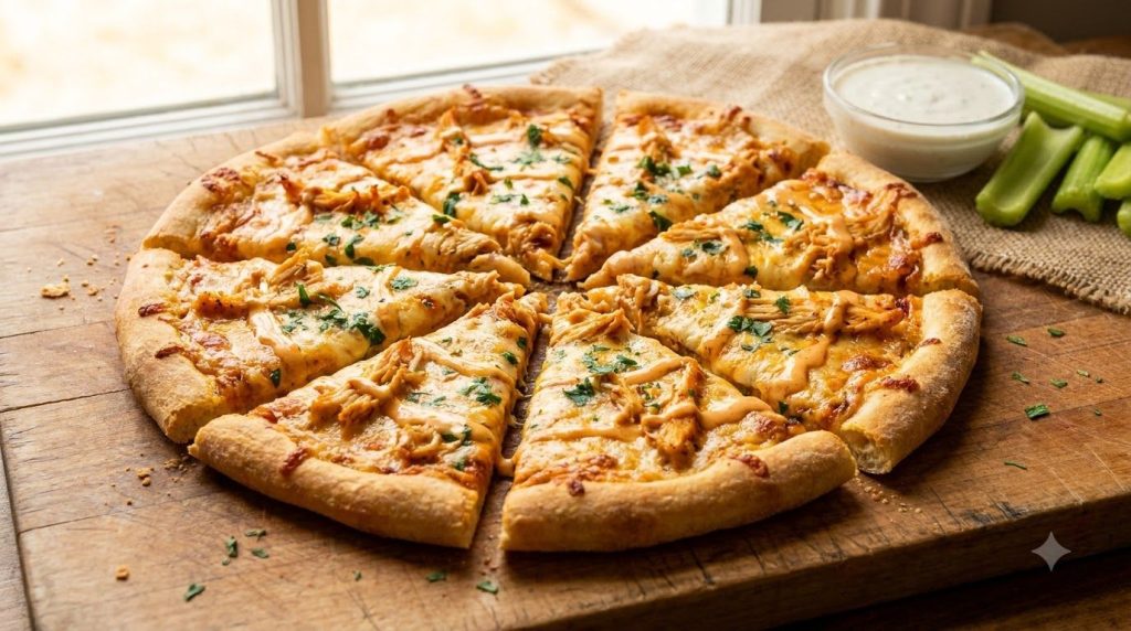 A fully cooked pizza with Buffalo Ranch sauce topped with shredded chicken and cheese sliced into pieces on a rustic woo