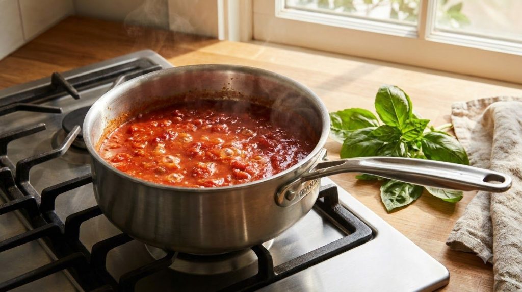 A medium saucepan on a stove with classic marinara pizza sauce simmering showing bubbles and steam with fresh basil leav