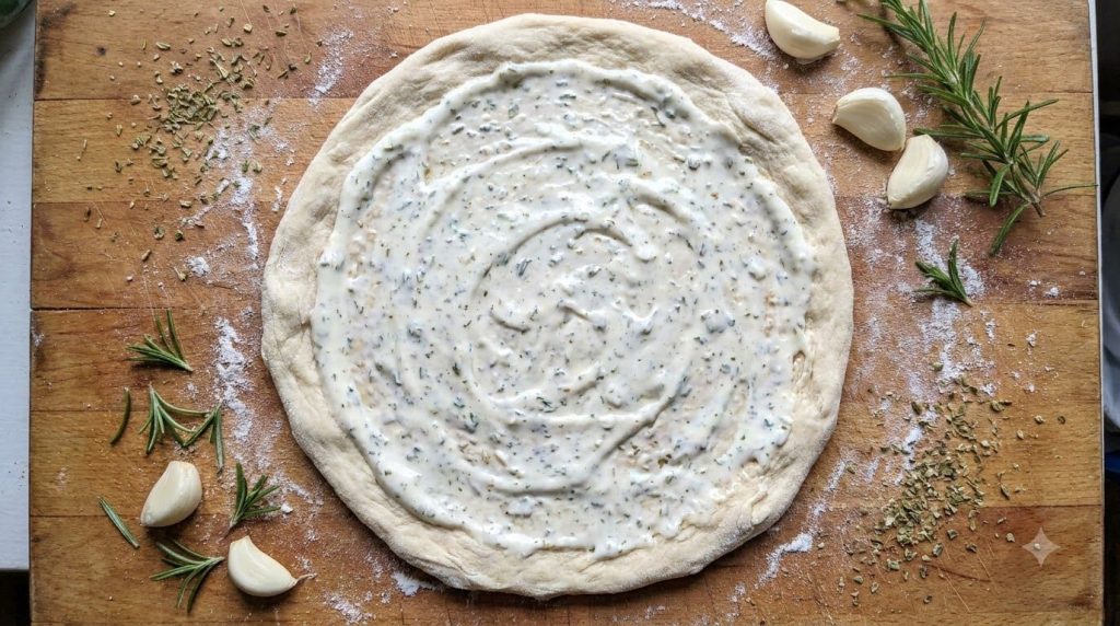 A close-up shot of a pizza being assembled with white garlic herb sauce spread on the dough and fresh garlic cloves and