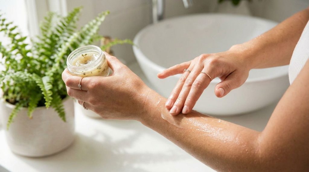 A woman gently massaging the homemade baby oil beauty balm onto her arm showcasing its application and the potential for