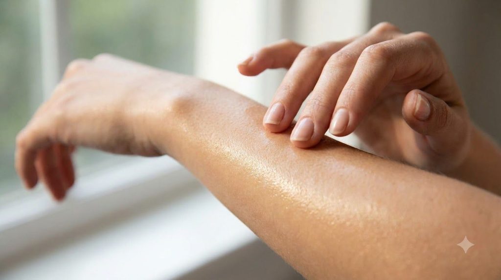 A woman s hand gently touching her smooth hydrated forearm showing the glowing effect of a beauty remedy