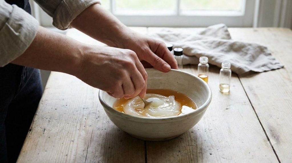 Two hands gently mixing Vaseline with a liquid ingredient in a small clean bowl with a soft warm light