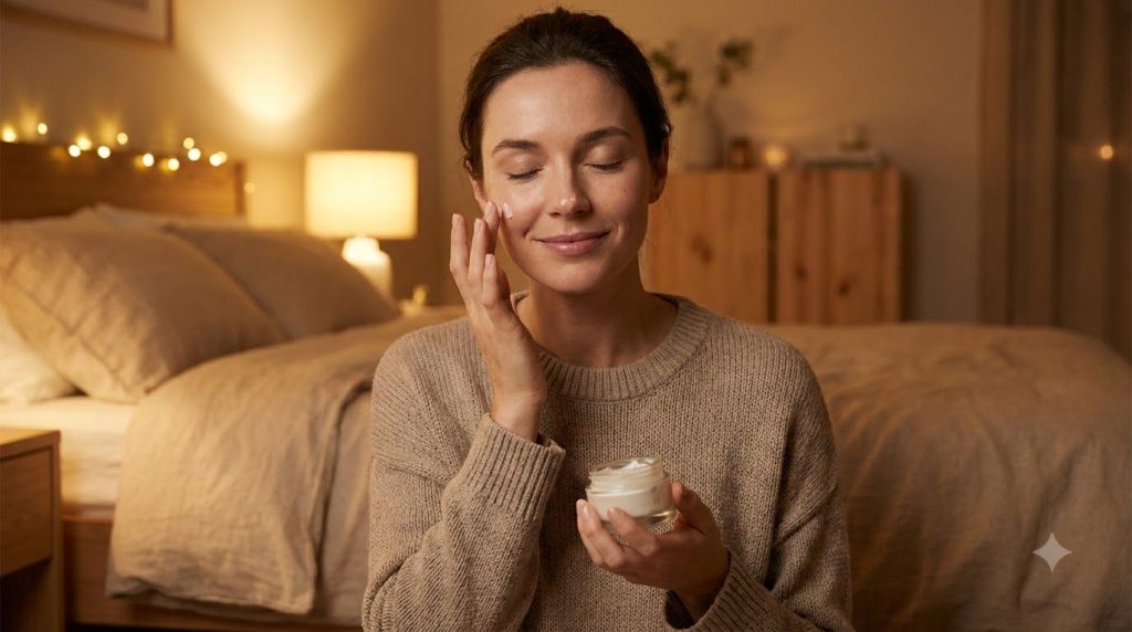 A woman gently applying a small amount of night balm to her cheek at night with a soft glow on her skin
