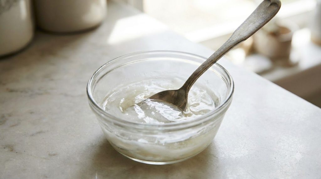 A small glass bowl with Vaseline baby oil and Vitamin E oil being stirred with a spoon showing a smooth creamy mixture