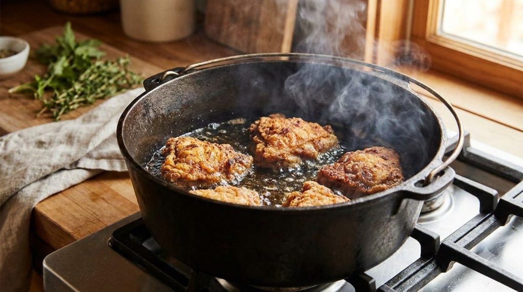 Golden brown fried chicken pieces sizzling in a hot oil in a cast iron pot