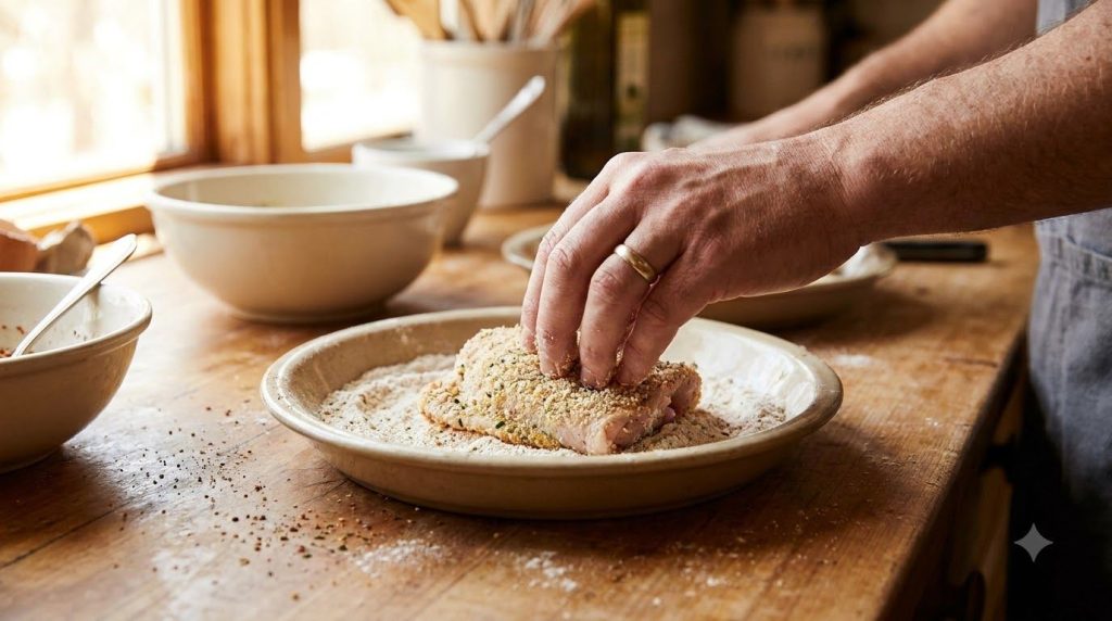 Chicken piece being dredged in seasoned flour mixture