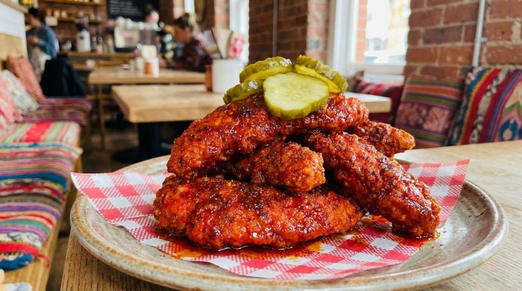 Spicy Nashville Hot Chicken Tenders with pickles