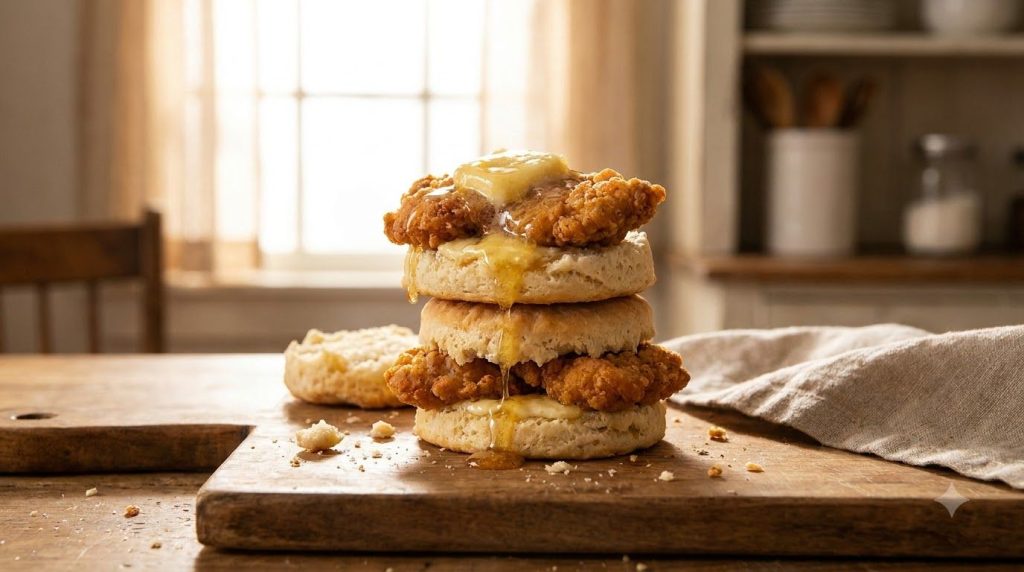 Warm fluffy biscuits with crispy fried chicken and honey butter