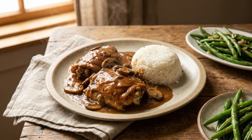 Smothered chicken with creamy brown gravy over rice