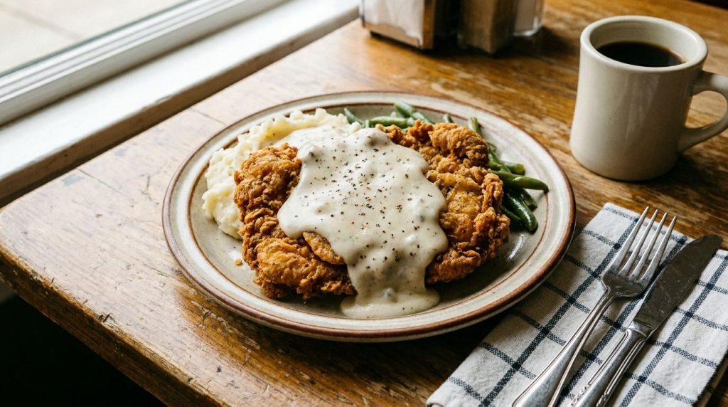 Crispy chicken fried steak smothered in white country gravy
