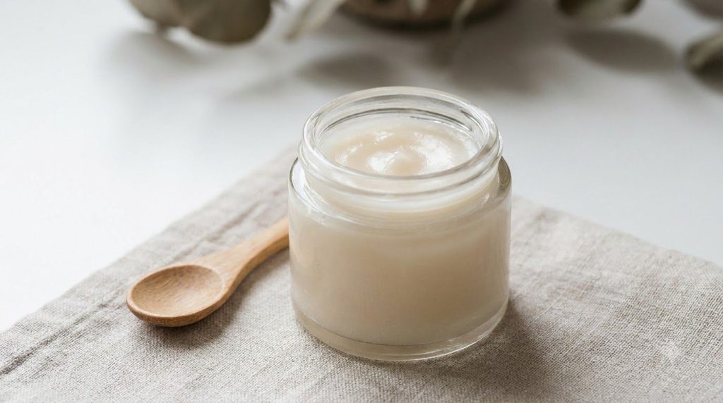 A small clear container filled with the finished DIY glass skin balm looking smooth and creamy with a spoon next to it