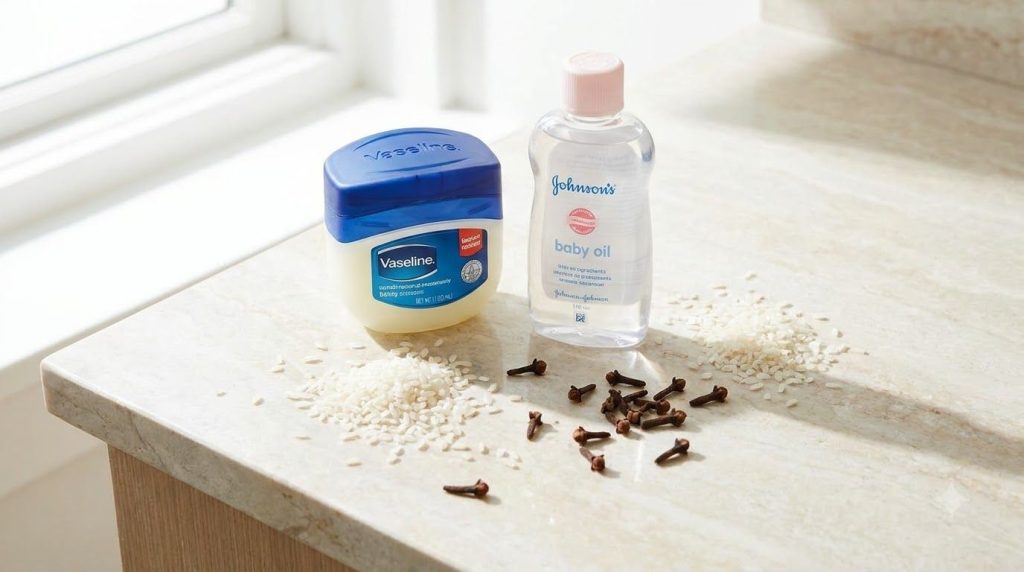 All the ingredients for the DIY glass skin balm laid out a jar of Vaseline a bottle of baby oil white rice grains and dr