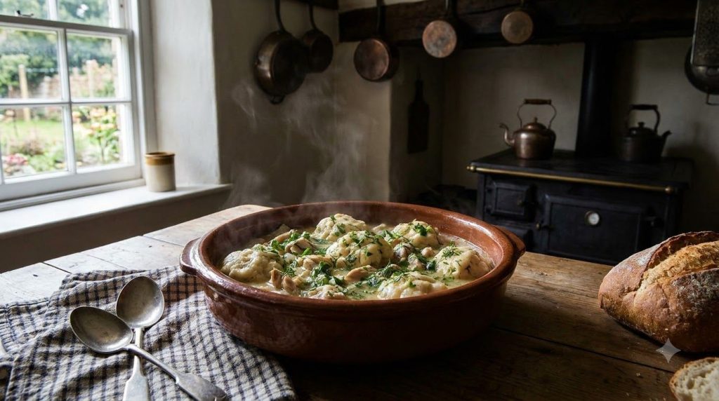 Hearty chicken and dumplings in a rich broth in a bowl
