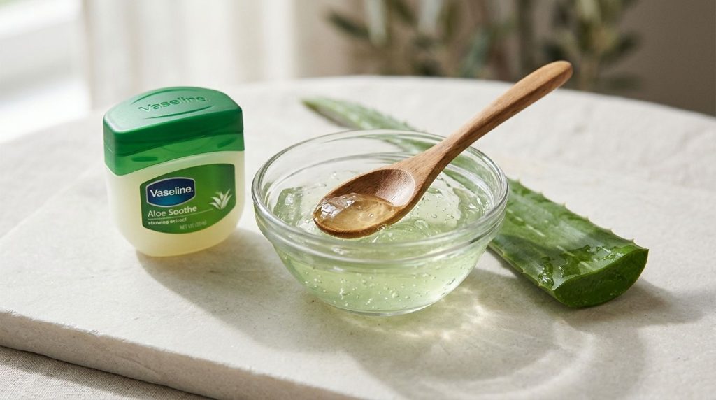 Ingredients laid out a small jar of Vaseline Aloe Soothe and a bowl of fresh aloe vera gel with a spoon