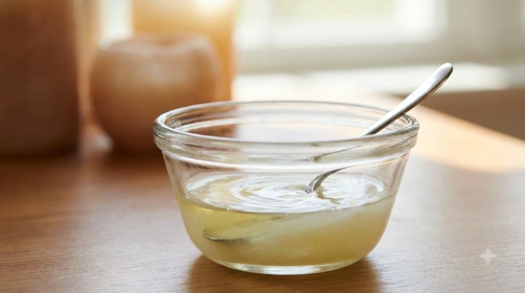 A close-up of a small glass bowl containing melted Vaseline and sweet almond oil being stirred gently with a spoon showi