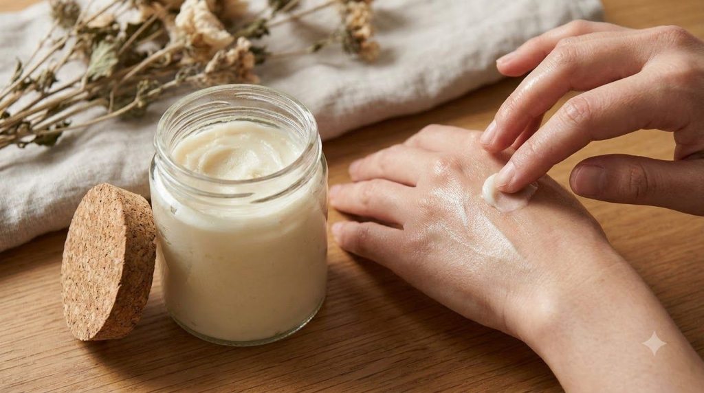 A small glass jar filled with the finished homemade body balm with a hand gently applying some of the balm to soft skin